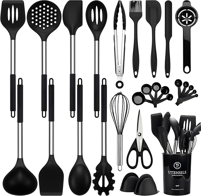 NCUE Silicone Cooking Utensils Set, 28 Pcs Kitchen Utensils Set 446°F Heat Resistant Spatula Set, Food Grade Silicone and Stainless Steel Handle Kitchen Gadgets for Nonstick Cookware BPA Free