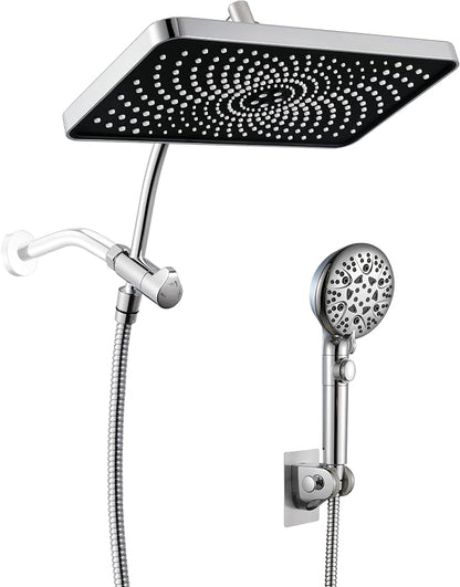 GwernKB Rain Shower Heads with Handheld Spray Combo,Fixed Showerhead&8-Mode Handheld Shower Head with 79 Inches Extra-long Stainless Steel Hose and Low-Reach Adhesive Wall Mount for Elderly