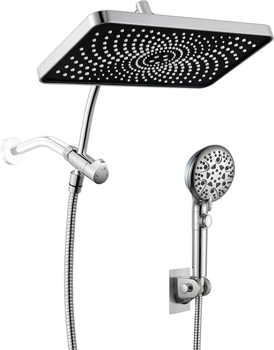 GwernKB Rain Shower Heads with Handheld Spray Combo,Fixed Showerhead&8-Mode Handheld Shower Head with 79 Inches Extra-long Stainless Steel Hose and Low-Reach Adhesive Wall Mount for Elderly