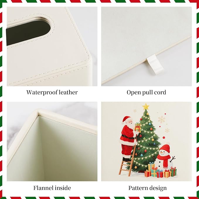 Square Christmas-Themed Tissue Box Cover with A Magnetic Bottom,A Stylish Leather-Decorated Tissue Holder for Living Rooms, Bedrooms, and Office Desks (White Square)