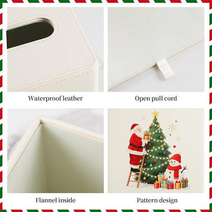 Square Christmas-Themed Tissue Box Cover with A Magnetic Bottom,A Stylish Leather-Decorated Tissue Holder for Living Rooms, Bedrooms, and Office Desks (White Square)