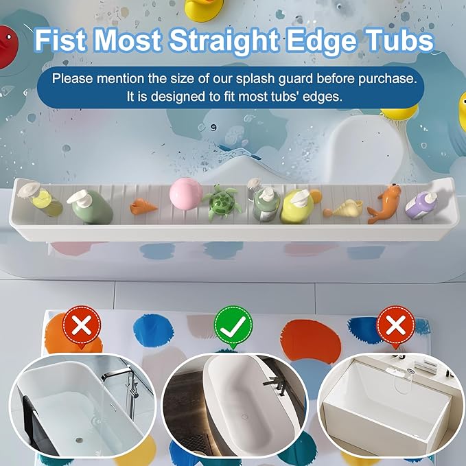 Tub Splash Guard for Kids,Bathtub Water Guard Play Shelf for Bathing, Toy Tray Caddy Holder for Tub, Silicone Splash Guard for Bathtub Prevent Water Spills in Bathroom (2.6FT, White)
