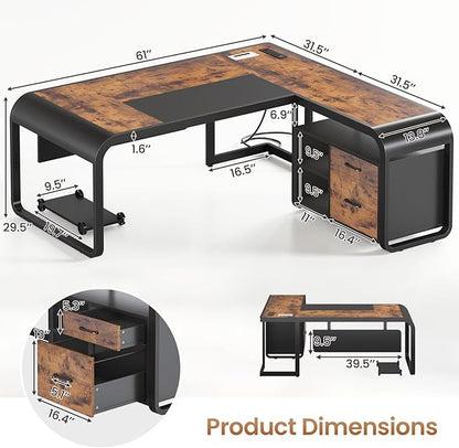 SEDETA 61 Inch Executive Desk, Large Office Desk with File Drawer, L Shaped Desk with Drawers, Computer Desk with Mobile CPU Stand, Storage Shelves, Power Outlets for Home Office, Rustic Brown