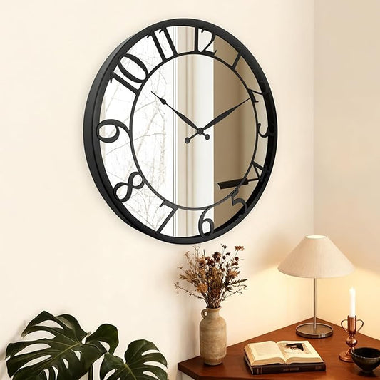 CLXEAST 21 Inch Mirrored Glass Wall Clock Decorative, Large Black Arabic Numeral Wall Clocks for Modern Farmhouse Living Room Decor,Reloj De Pared para Sala