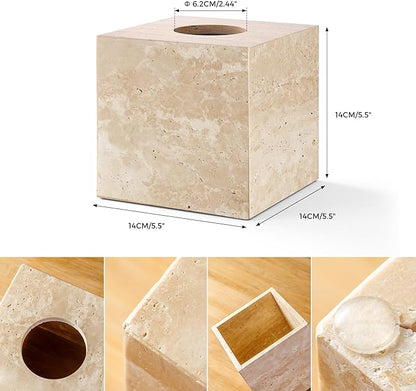 N NANSHOP Natural Travertine Marble Tissue Box Holder Cover, Square Cube Tissue Box Holder with Open Bottom for Bathroom Vanity Tops, Bedroom Dressers, Kitchen Countertop, Travertine Beige(NS022)