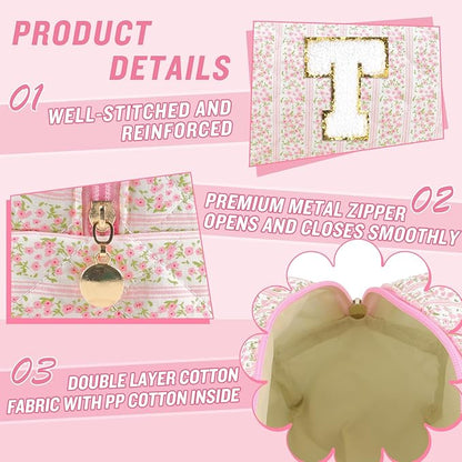 Personalized Quilted Cosmetic Bag, Puffy Monogrammed Christmas Birthday Gifts for Women & Girls, Cute initial Floral Makeup Bag Puffer Coquette Bag, Aesthetic Travel Toiletry Zipper Pouch(Pink,T)