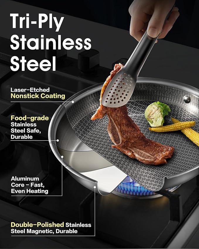 Nonstick Frying Pan with Lid,8-Inch Stainless Steel Skillet with Honeycomb Surface,Oven-Safe,PFAS-Free,Non-Toxic,Dishwasher-Friendly,Compatible with All Cooktops.