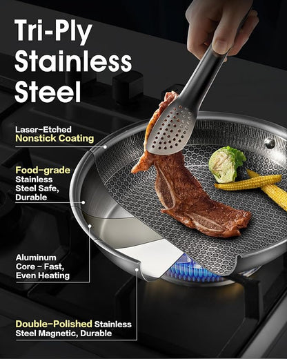 Nonstick Frying Pan with Lid,8-Inch Stainless Steel Skillet with Honeycomb Surface,Oven-Safe,PFAS-Free,Non-Toxic,Dishwasher-Friendly,Compatible with All Cooktops.