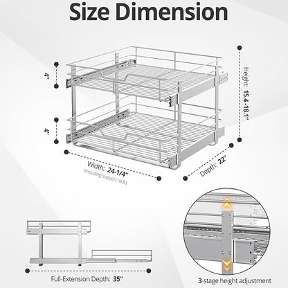 ZOINLIY Pull Out Cabinet Organizer, Versatile Slide Out Kitchen Organizers and Storage,Heavy Duty Drawer Cupboard Storage Basket, Smooth Sliding, Chrome Finish (2-Tiers-24¼''W×22“D)