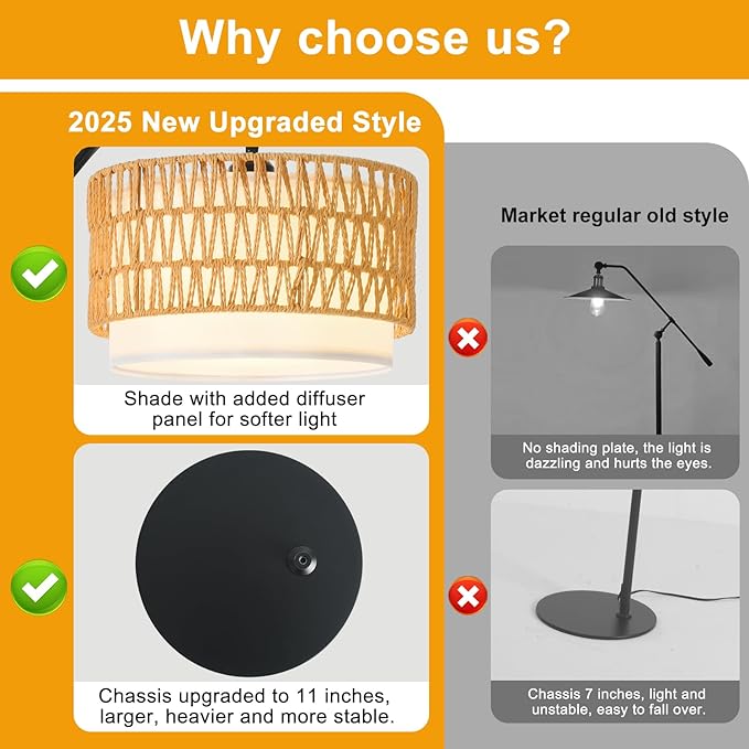 Bohemian Rattan Floor Lamp for Living Room - Black Arc Design, 12W LED (1 in use + 1 Spare), Remote & Dimmable 3 - Color Temp, Tall Standing Lamp