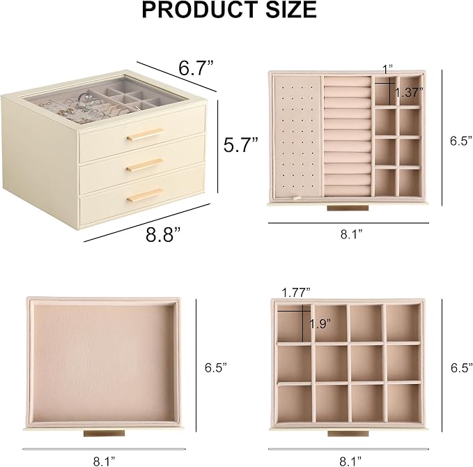 Frebeauty Clear Lid Jewelry Box,3-Layer Jewelry Organizer with Drawer,PU Leather Jewelry Organizers and Storage,Jewelry Boxes for Women,Jewelry Storage for Rings Earring Stud,Gift for Women(Beige)