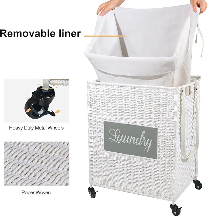Mxfurhawa Laundry Basket, Heavy Duty Cotton Liner Laundry Storage Hamper with Handles, Collapsible Clothes Wire Basket Organizer Laundry Bag (2PCS-89WE-H)