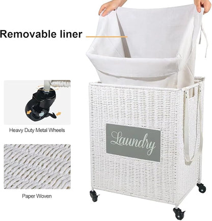 Mxfurhawa Laundry Basket, Heavy Duty Cotton Liner Laundry Storage Hamper with Handles, Collapsible Clothes Wire Basket Organizer Laundry Bag (2PCS-89WE-H)