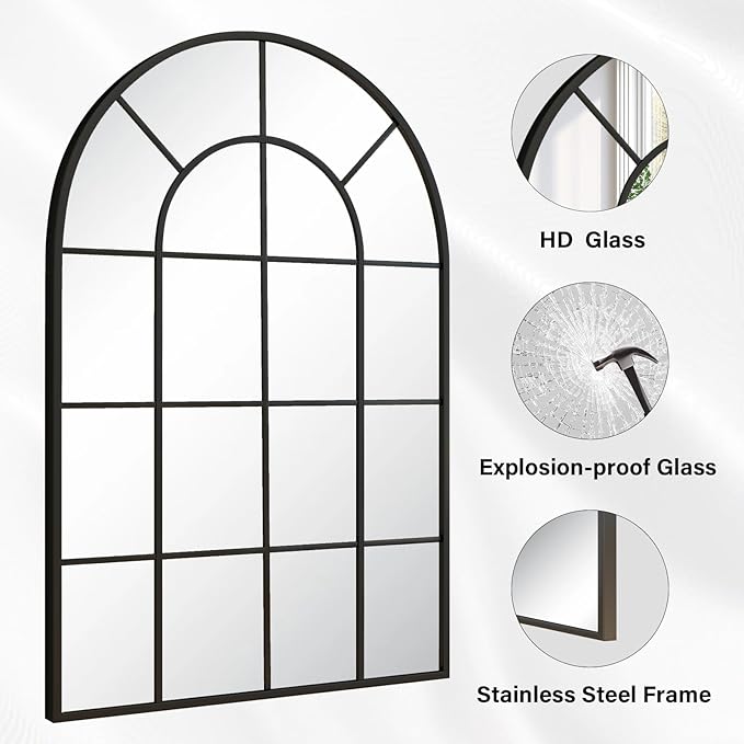 24"×36" Windowpane Arched Wall Mirror, Grid-Designed Decorative Farmehouse Wall Mounted Mirror with Metal Frame Hanging Leaning for Entryway, Living Room, Home Decor, Black
