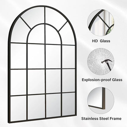 24"×36" Windowpane Arched Wall Mirror, Grid-Designed Decorative Farmehouse Wall Mounted Mirror with Metal Frame Hanging Leaning for Entryway, Living Room, Home Decor, Black