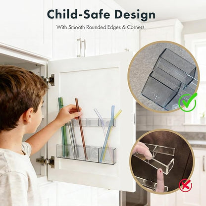 Acrylic Straw Holder for Cabinet Door - Child-Safe Organizer & Dispenser with Smooth Rounded Edges for Kitchen Accessories Storage, Adhesive Circles Included (Dark Transparent)