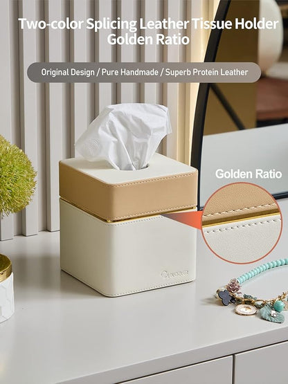 Cloudever Tissue Box Holder Cover Square, Modern PU Leather Decorative Tissue Cube Holder Organizer-Apricot Cream
