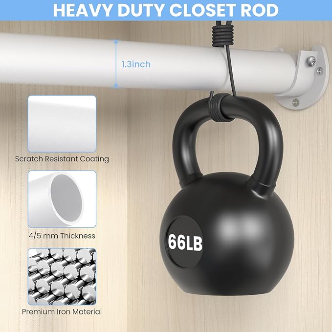 3 Pack Closet Rods for Hanging Clothes, 17 to 69 Inch Heavy Duty Stepless Adjustable Closet Hanging Rod, 1.3 Inch Diameter Metal Closet Rod for Wardrobes Laundry Bedroom RV, White