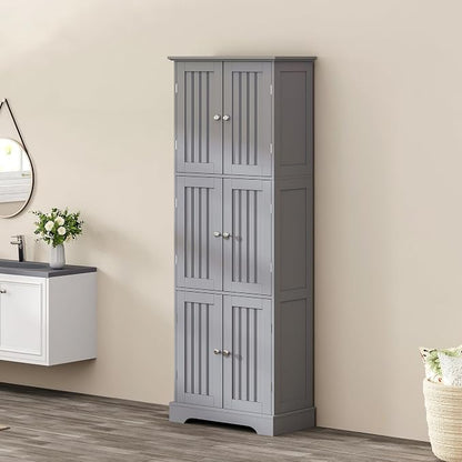 ChooChoo Tall Bathroom Storage Cabinet with 6 Doors, Freestanding Floor Cabinet with Adjustable Shelves, Grey Pantry Cabinet for Bathroom, Kitchen, Laundry Room