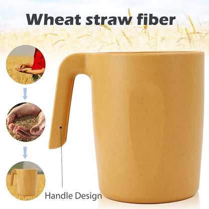 PYRMONT Wheat Straw Cups 16 Oz Alternative Plastic Cups With Handle Dishwasher & Microwave Safe Mug Set of 6 Unbreakable Cups Set for Kitchen,Party,RV Travel Unbreakable Water Cups-Yellow