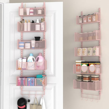 VyGrow Over The Door Organizer, Metal Door Organizer Hanging with 5 Adjustable Baskets and Coat Hook, Behind The Door Storage for Bedroom Closet Bathroom Pantry Cabinet Kitchen, Pink