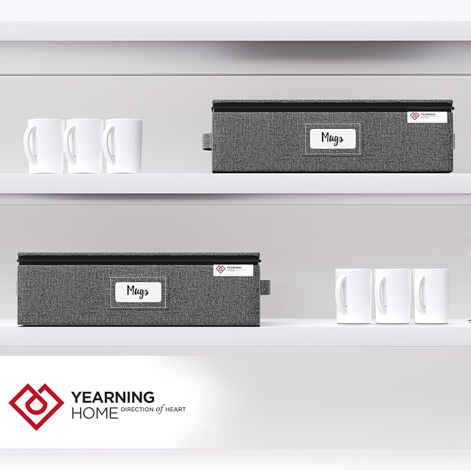YearningHome Cup and Mug Storage Box with Hard Shell and Dividers for Coffee Mugs,Tea Cups and Glasses,Stackable Storage Organizers with Lid,Handles,Zips and Label for Moving,Holds 12,2 Pack, Grey