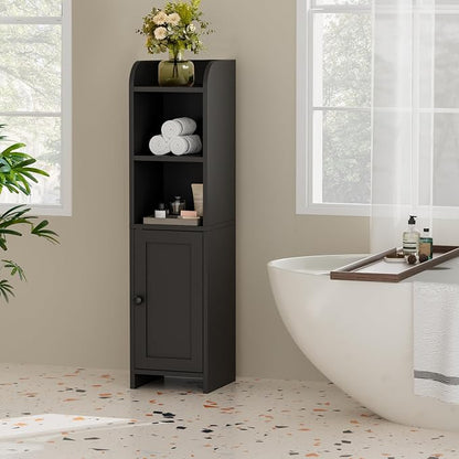 Homhedy Small Bathroom Storage Corner Floor Cabinet with Door and Shelves, Beside The Toilet Paper Stand for Skinny, Narrow Toilet Paper Cabinet, 7.9" D x 7.1" W x 31" H, Black