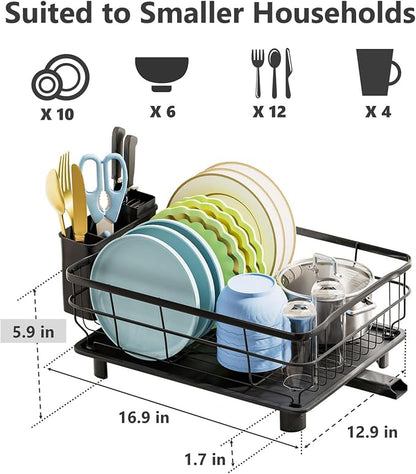 AIDERLY Auto Drain Metal Dish Drying Rack Dish Drainers, All Black | with Draining Tray, Strainer, for Kitchen Counter, Sink