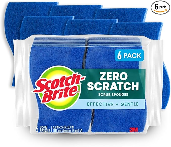 Scotch-Brite Zero Scratch Scrub Sponge, 6 Kitchen Sponges for Cleaning Around the Home, Bathroom & More, Scratch-Free Dish Scrubber, Multi-Surface Safe, Best for Nonstick Pots and Pans