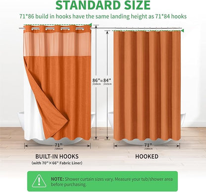 Extra Long No Hooks Needed Linen Textured Shower Curtain with Snap-in Fabric Liner Set,White Hotel Luxury Decor Shower Curtains for Bathroom,Waterproof & Washable,71Wx86H,Burnt Orange