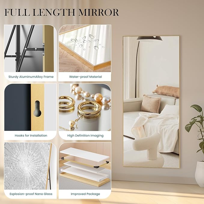 NEWBULIG Mirror Full Length, 71"x26" Body Wall Mirrors with Shatter-Proof Glass, Upgraded Floor Standing Mirror, Hanging or Leaning, with Stand Aluminum Alloy Frame for Home Decor, Bedroom, Gold