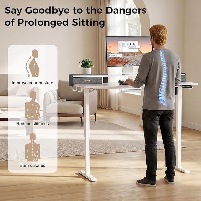 Electric Standing Desk with Drawers, 55 Inch Height Adjustable Desk with Power Outlets & LED Lights, Sit Stand Table with Monitor Stand for Home, Office, White
