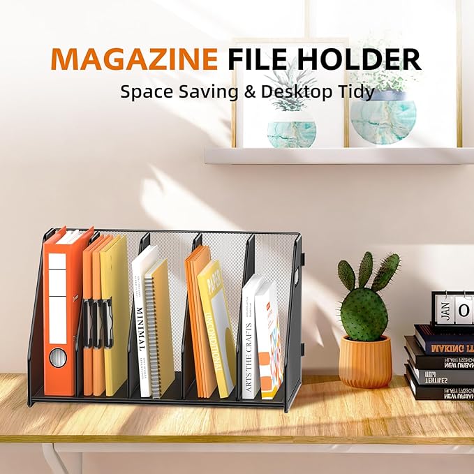 SUPEASY Binder Organizer, Magazine File Holder with 5 Vertical Compartments Rack, Metal Desk File Organizer & Binder Holders, Magazine Organizers for Office Desktop, Home, School, Classroom (Black)