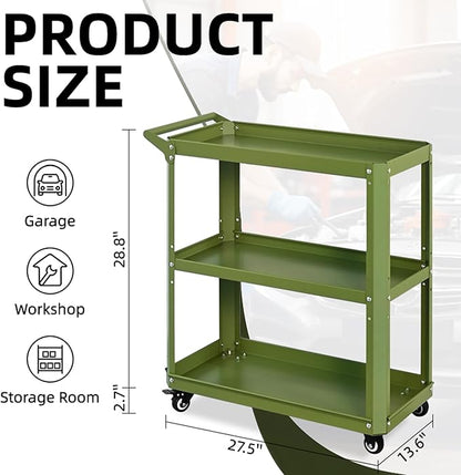 XCX 3 Tier Rolling Tool Cart with Lockable Silent Wheels, 330 LBS Capacity, Metal Service Cart for Home, Garage, Warehouse, Workshop