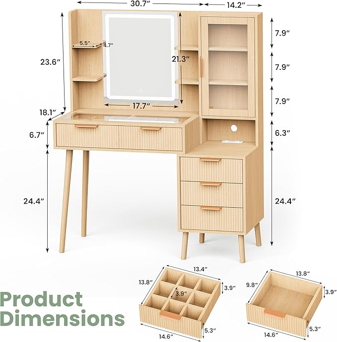 Fluted Makeup Vanity with Mirror and Lights,5 Drawers Glass Top Vanity Desk with Glass Door Cabinet,Power Outlet,6 Shelves,9-Grid Organizer,Lighting Adjustable Dressing Table,Natural Oak