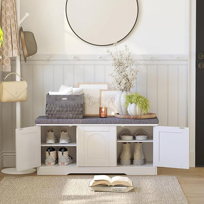 DINZI LVJ Shoe Bench, Entryway Storage Bench with Doors, Cushion, 2-Tier Shoe Rack with 6-Cubby, 39.4”L x 13.8”W Shoe Organizer Cabinet, Adjustable Shelf, Living Room, Bedroom, White