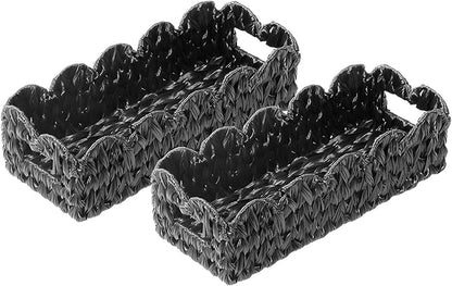 Balck Toilet Basket,Set of 2 Scalloped Wicker Basket with Built-in Handles,Long Back of Toilet Baskets for Shelf,Tank Topper,Countertop,Rectangle