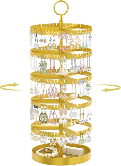 iDavosic.ly 5 Tier Rotating Earring Holder Organizer with Metal Tray, Adjustable Plastic Dangle Display Stands Tree with 285 Grooves, Large Hoop Storage Rack Tower, Gold