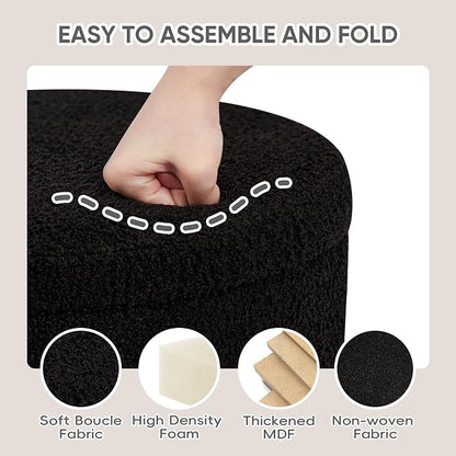 PINPLUS Round Storage Ottoman Foot Rest Stool with Tray Velvet Sherpa Folding Storage Ottoman,Boucle Foot Rest for Living Room, Bedroom, Dorm,Black Color