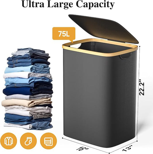 Foluck Large Laundry Hamper, 75L Waterproof Laundry Basket with Lid and Removable Bag, Collapsible Tall Clothes Hamper with Bamboo Handles for Clothes Toys in Dorm Bedroom Bathroom, Black
