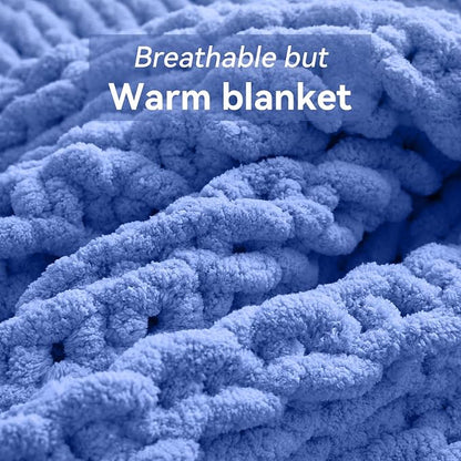 Negwoo Chunky Knit Throw Blanket, 50''*60'' Knitted Throw Chenille Yarn for Bed Couch, Handmade Light Blue Crochet Big Thick Blanket, Machine Washable Cute Comfy Blanket for Home Decor