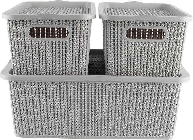 Onion and Potato Storage Bins,Stackable Plastic Pantry Bins with Lids,BPA-Free,Potatos and Onions Storage Baskets for Kitchen (Gray-3 Pack)