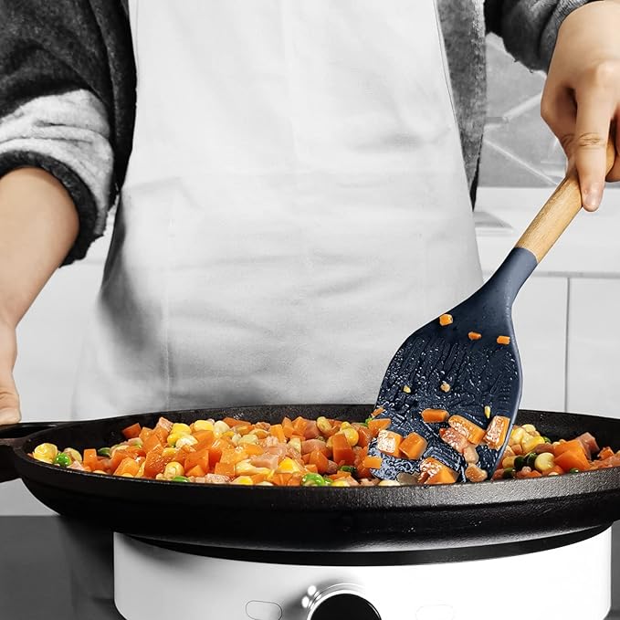 oannao Silicone Cooking Utensils Set - 446°F Heat Resistant Silicone Kitchen Utensils for Cooking,Kitchen Utensil Spatula Set w Wooden Handles, BPA FREE Gadgets for Non-Stick Cookware (Navy Blue)