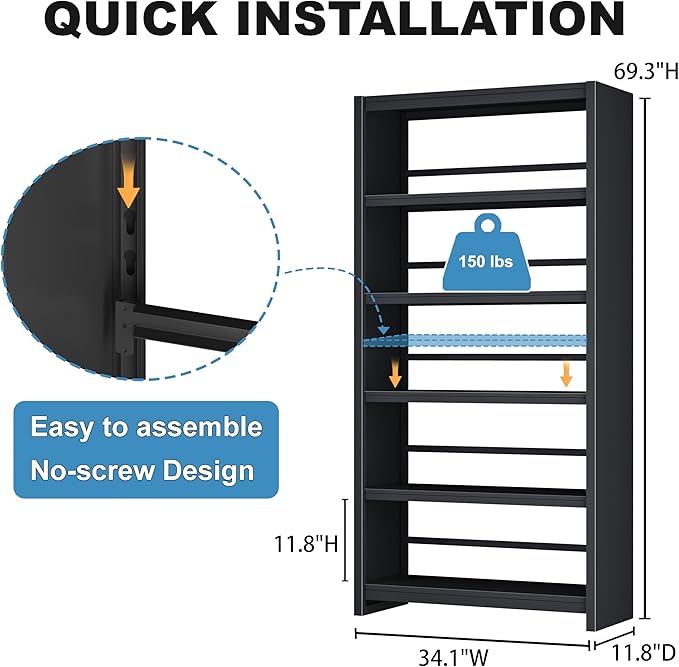 69.3" Tall Metal Bookshelf, Black Bookcase with Display Shelves, 5 Tier Open Shelf Bookcases for Living Room, Bedroom, Home Office, Study, Library