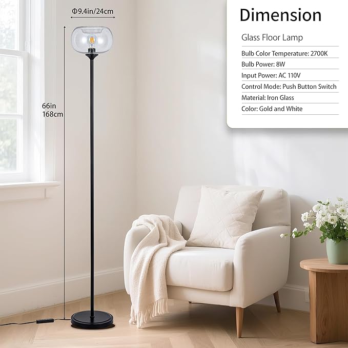 MAYNA Living Room Floor Lamp, Modern Vertical Lamp with Clear Bubble Shade, 67" Tall, Suitable for Bedroom, Study, Office (Includes 2700K Bulb) (Black and Clear)