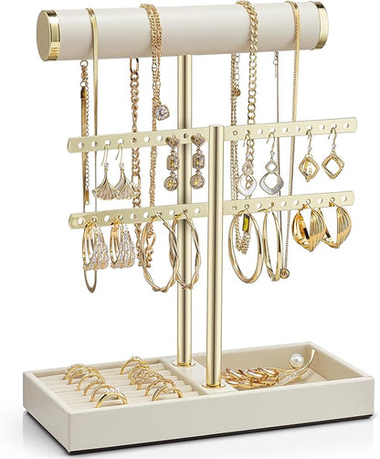 Vlando 2 Tier Necklace Holder Organizer with Tray, Leather Bracelet Holder Display for Women, Gold Jewelry Holder Stand for Bracelet, Necklace, Earrings, Rings - Cloud White