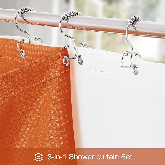 3 in 1 Stall Half Size Burnt Orange Shower Curtain Set-36 W x 72 H, Modern Waffle Waterproof Fabric and PEVA Liner Set with Stainless Steel Hooks