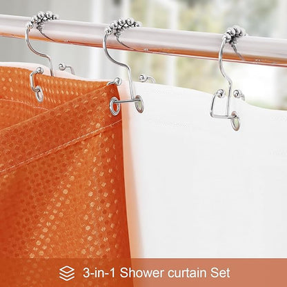 3 in 1 Stall Half Size Burnt Orange Shower Curtain Set-36 W x 72 H, Modern Waffle Waterproof Fabric and PEVA Liner Set with Stainless Steel Hooks