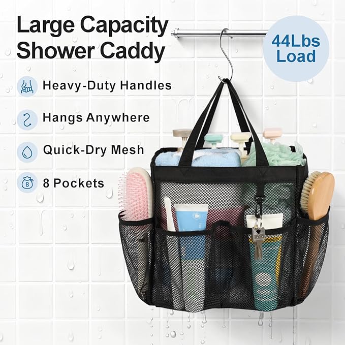 F-color Mesh Shower Caddy Portable for College Dorm Room Essentials with S Hook, 8 Pockets 2 Handles Quick Dry Shower Bag for Camping, Travel, Gym, Bathroom, Hanging Toiletry Organizer, Black