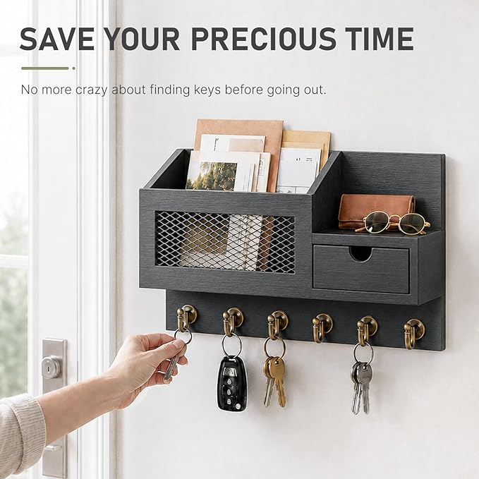 FifthQuarter Key and Mail Holder for Wall, Mail Organizer Wall Mount with 6 Hooks and Storage Drawer, Easy Installation Key Rack for Entryway and Home Decor (B-Black)
